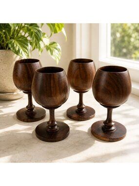 Set‎ Of 4 Vintage Handcrafted Wooden Goblets With Pedestal Base - 5.5" Tall